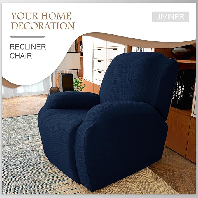 JIVINER Oversized Recliner Chair Covers 4 Piece Stretch Lazy Boy Recliner Sofa Slipcover Jacquard Large Recliner Covers with Elastic Bottom Soft Furniture Protector (XL Recliner,Navy Blue)