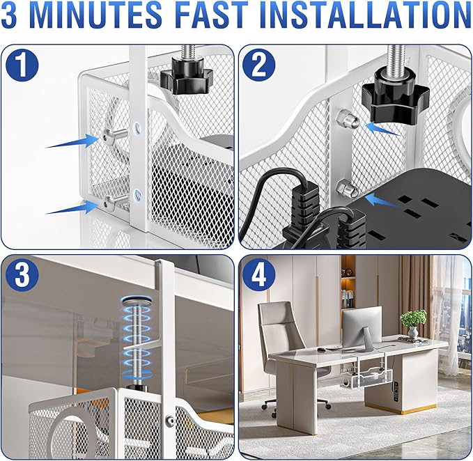 Under Desk Cable Management Tray - GZOKMOG No Drill Cord Organizer with Clamp, Workspace Organizers for Cords, Metal Mesh Wire Management for Home and Office, 1 Pack White, 13.38 inch