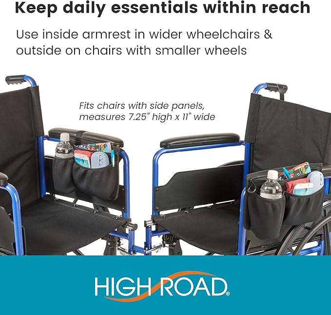 High Road Wheelchair Side Bag - Stretch Neoprene Walker Pouch with Insulating Cup Holder and 2 Storage Pockets