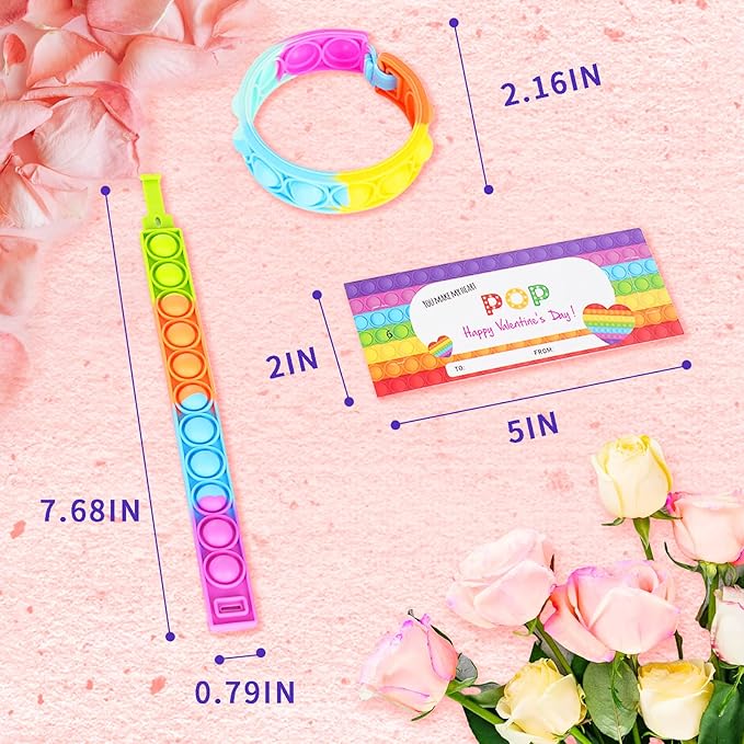 28 Packs Valentines Day Gift Cards with Pop Fidget Bracelets Toy for Kids, Stress Relief Sensory Toy for School Classroom Valentine’s Exchange Greeting Cards, Boys Girls Party Favors