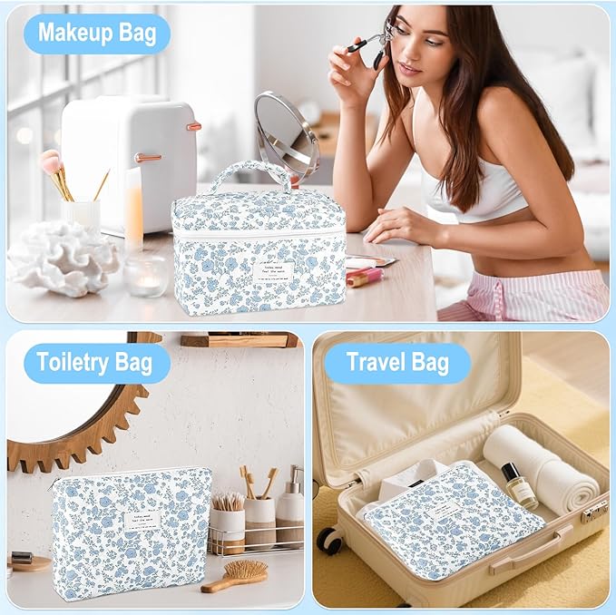 URSKYTOUS 3Pcs Makeup Bag Quilted Cosmetic Bag Set Bow Travel Large Makeup Pouch for Women Cute Portable Cotton Toiletry Bag Skincare Organizer Coquette Vintage Travel Essential