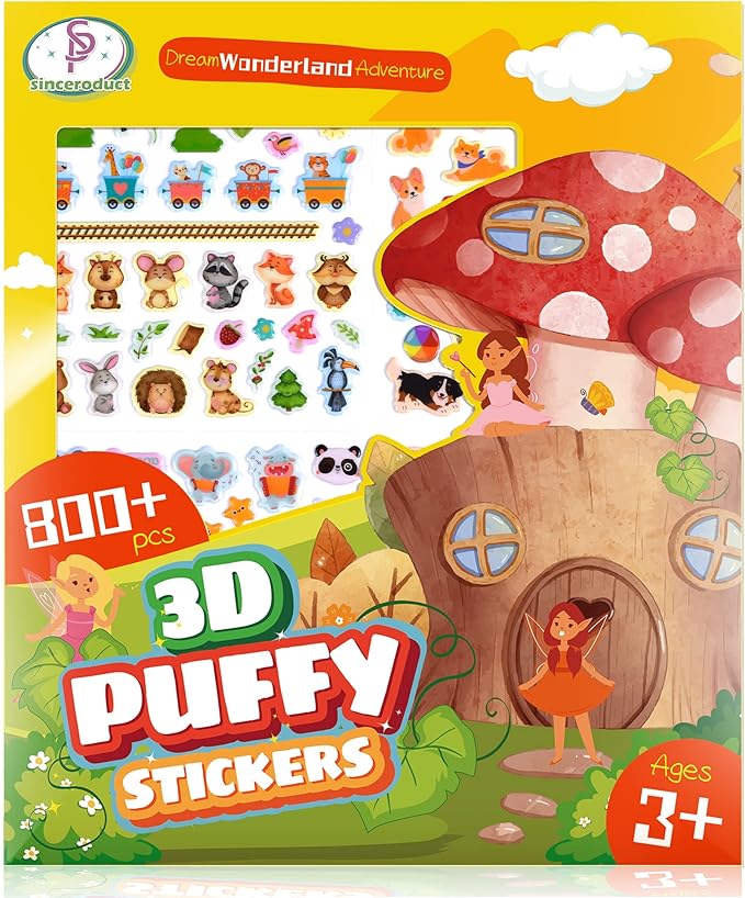 3D Puffy Stickers for Kids, 16 Diffrent Sheets Over 800, 4 DIY Scene Cards of Fairy Princess Unicorn Dinosaur Animal, Coloured 3D Stickers for Toddlers Teachers as Reward, Craft Scrapbooking