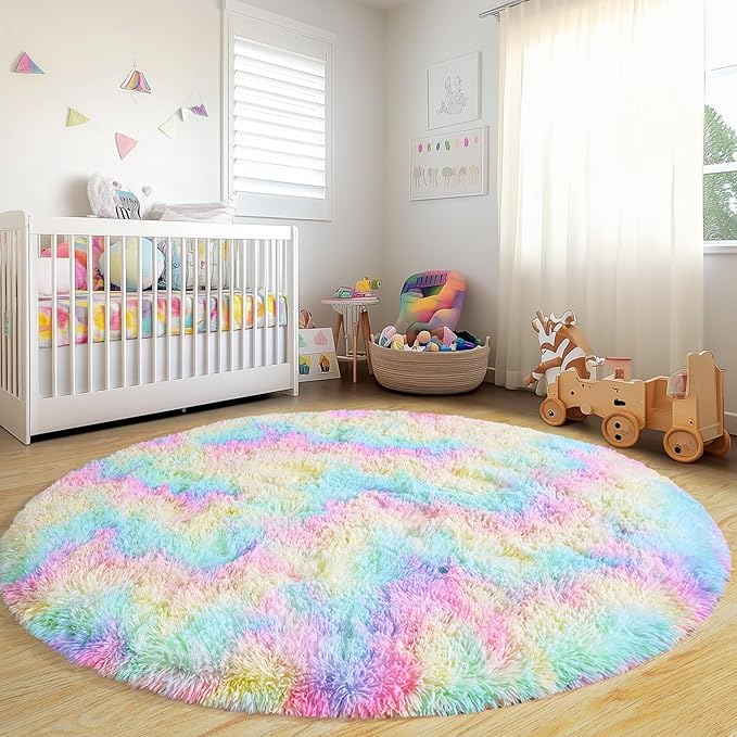 Xexsin Round Fluffy Rugs 8Ft for Girls Bedroom, Rainbow Shag Circle Kids Rug Non-Slip for Bedside Dorm Nursery Playroom, Soft Cute Area Rugs for Living Room Decor