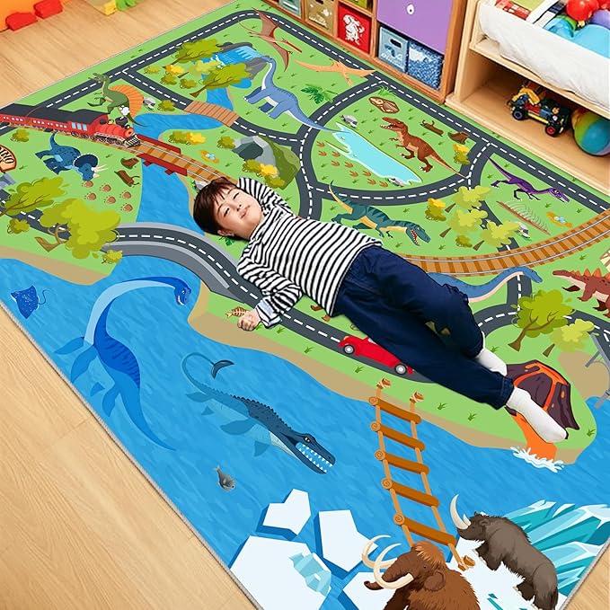 Kids Rugs for Playroom - Soft & Non-Slip 8x10 Feet Dinosaur Play Mat,Childrens Dinosaurs Carpet Washable Rug for Classroom Nursery Bedroom Boys