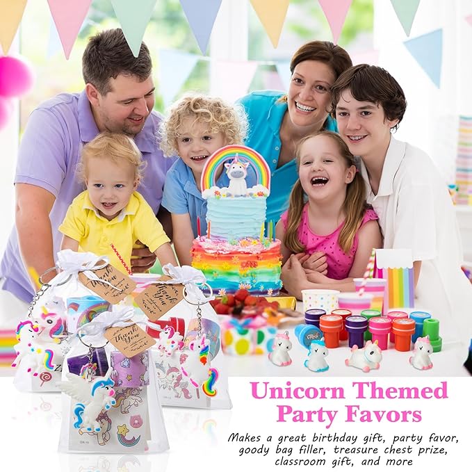 Hungdao 178 Pcs Unicorn Birthday Party Favors for 16 Kids with Keychain Sticker Stamp Ring Slap Bracelet Tattoo Sticker Gift Bag Tag for Unicorn Girl Party Carnival Gift Fillers