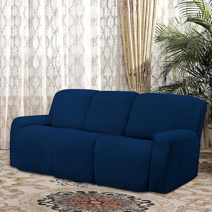Easy-Going 8 Pieces Microfiber Stretch Sectional Recliner Sofa Slipcover Soft Fitted Fleece 3 Seats Couch Cover Washable Furniture Protector with Elasticity for Kids Pet(Recliner Sofa, Navy)