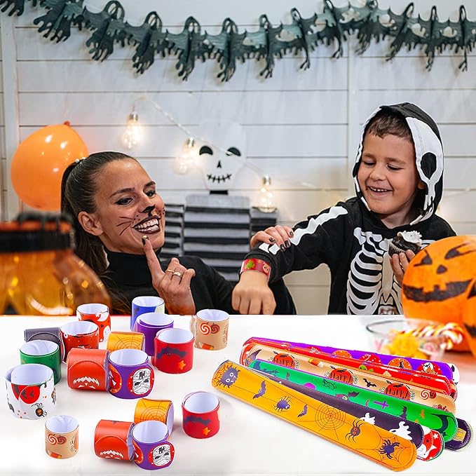 Halloween Bracelets for Kids, 36 Pcs Halloween Slap Bracelets Bulk, Halloween Party Favors Toys for Kids, 12 Different Design Bracelets Bulk for Party Favors and Supplies, Halloween Treat Bags Gifts