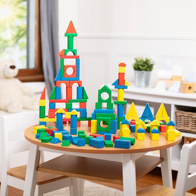 Melissa & Doug Wooden Building Block Set - 200 Blocks in 4 Colors and 9 Shapes