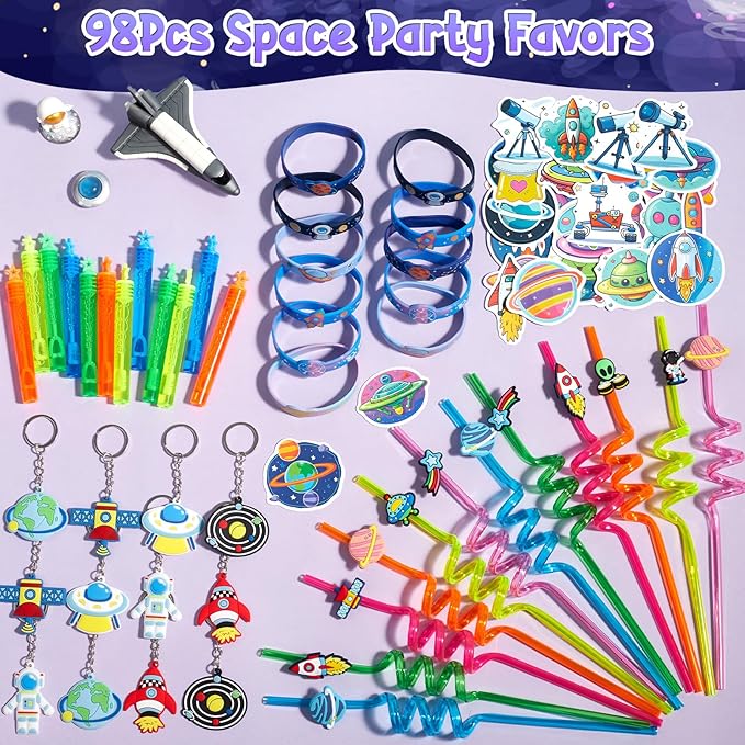 98 Outer Space Party Favors Galaxy Astronaut Birthday Supplies Straw Bubble Silicone Bracelet Keychain Sticker Boy Kid Girl Toy Gift Goodie Bags Stuffer Class Prize Space Themed Party Favors