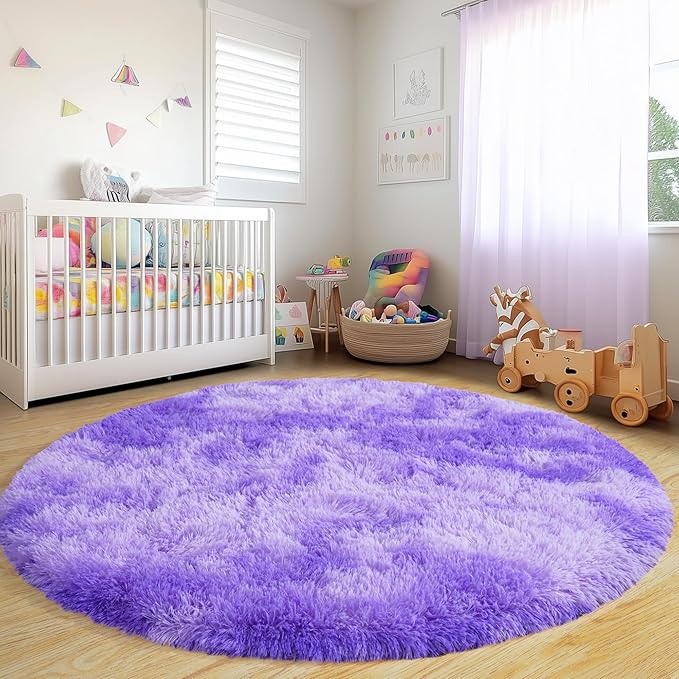 Xexsin Round Fluffy Rugs 6Ft for Girls Bedroom, Tie-Dyed Purple Shag Circle Kids Rug Non-Slip for Bedside Dorm Nursery Playroom, Soft Cute Area Rugs for Living Room Decor