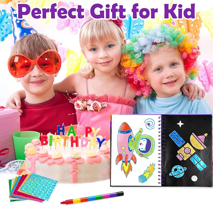 Foil Art Craft Activity for Kids: Fun DIY Toy Sticker Kit, No Mess Creative Travel Supply Set, Idea Birthday Easter Basket Stuffers Valentines Gift for Girl Boy Toddler 4 5 6 7 8 9 Year Oldļ¼Spaceļ¼
