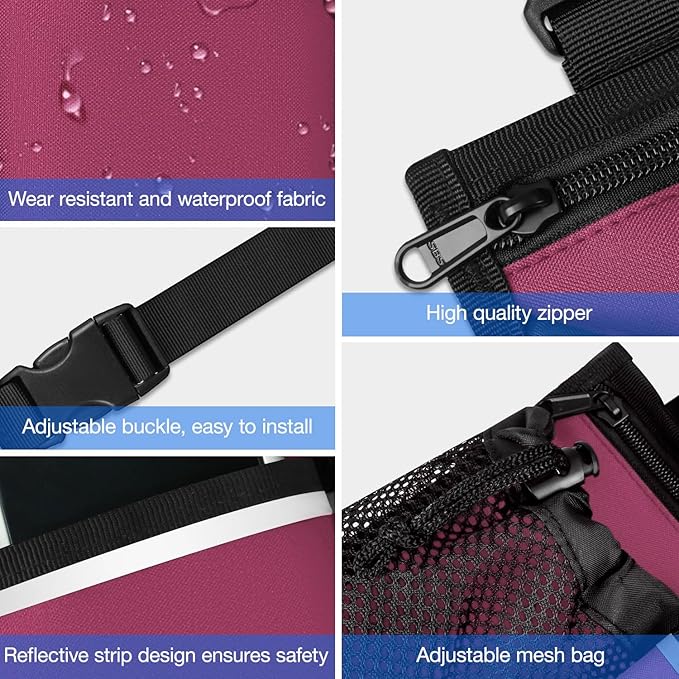 Wheelchair Organizer Pouch with Cup Holder and Reflective Strip, Armrest Accessory for Wheelchairs, Walkers, Rollators (Burgundy)