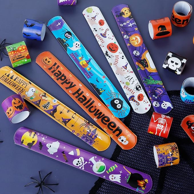 60 Pcs Halloween Slap Bracelets for Kids Girls Boys, Halloween Party Favors Toys Bulk Pumpkin Bat Spider for Treats Non Candy Bag Stuffers/Party Supplies/Classroom Prizes/Exchanging Gifts/Christmas