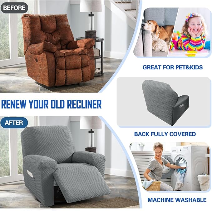 MAXIJIN Recliner Cover Slipcovers for Living Room 4 Pieces Stretch Jacquard Recliner Chair Cover Soft Fitted Recliner Protector with Elastic Bottom for Kids, Pets (Recliner, Light Gray)