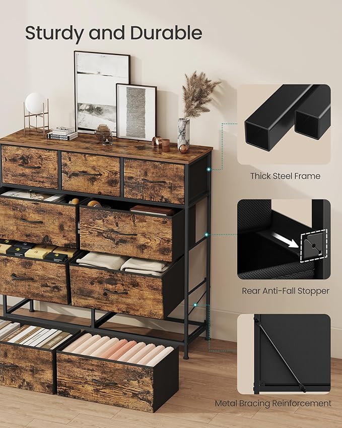SONGMICS Dresser for Bedroom, Chest of Drawers, Steel, MDF, 9 Non-Woven Fabric Drawers, Storage Organizer Unit, Closet, Entryway, Rustic Brown and Ink Black LGS324B02S