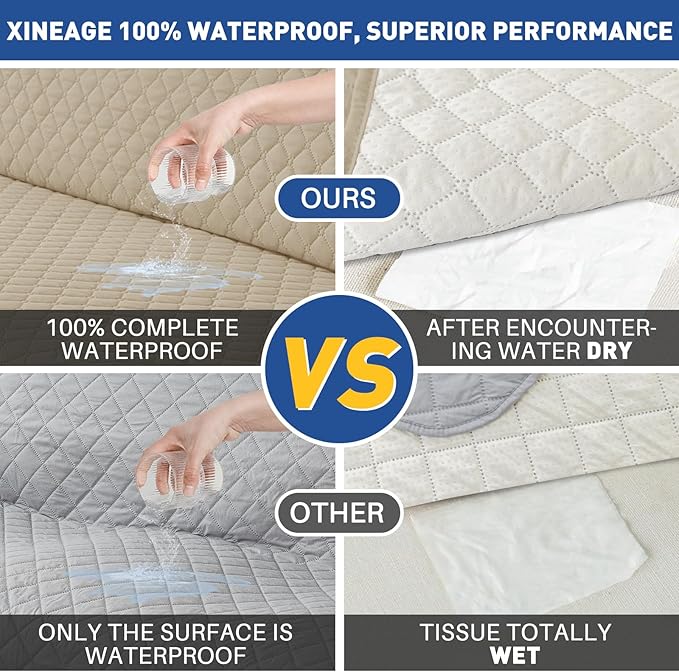 XINEAGE Oversized Sofa Cover Waterproof Couch Covers for 3 Cushion Couch, Soft Washable Slipcover with Pockets & Non-Slip Elastic Straps, Dog Pets Proof Thick Furniture Protector (XL-Sofa, Khaki)