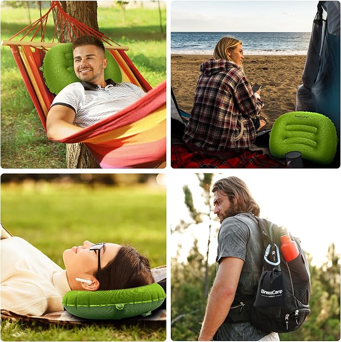BreezCamp Inflatable Camping Pillow, Travel Blow Up Air Pillow, Neck Lumbar Support Ultralight Compact Pillow for Outdoor Hiking Backpacking Car Beach Airplane Sleeping Essentials, Green