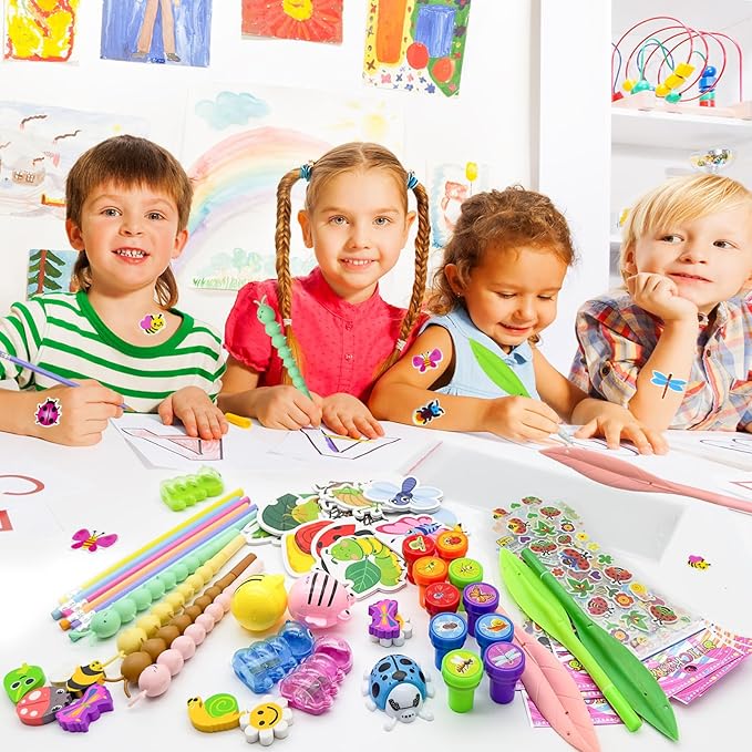 96 Pcs Insect Party Favors,Bug Bee Party Goodie Bags Fillers Bulk,Spring Insects Bug Game Pinata Gift Class Prizes Erasers Pens Pencils Stickers Stamps for School Birthday Spring Summer Party