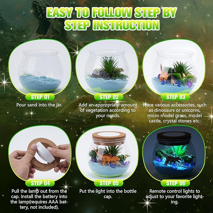 Ideashop Dinosaur Light Up Terrarium Kit for Kids, Educational DIY Arts and Crafts Science Kit Activities Kits, Kids Dinosaur Toys Birthday for Boys Girls Ages 4 5 6 7 8 9 10 Year Old