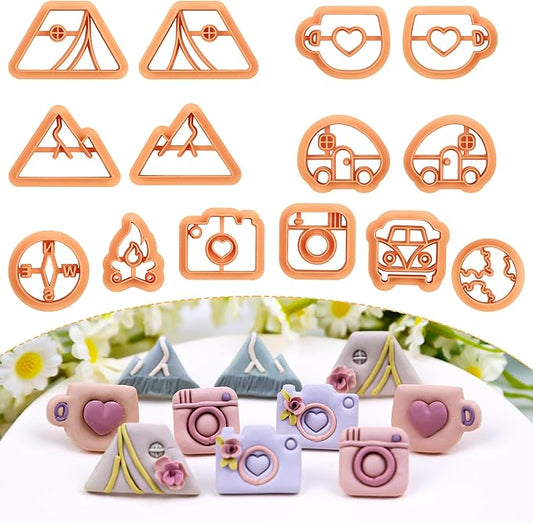 Puocaon Camping Polymer Clay Cutters - 14 Pcs Clay Cutters for Polymer Clay Earrings Making, 3D Print Camper Theme Polymer Clay Cutters, Compass Van Tents Cups Bus Hill Camera Clay Jewelry Cutters