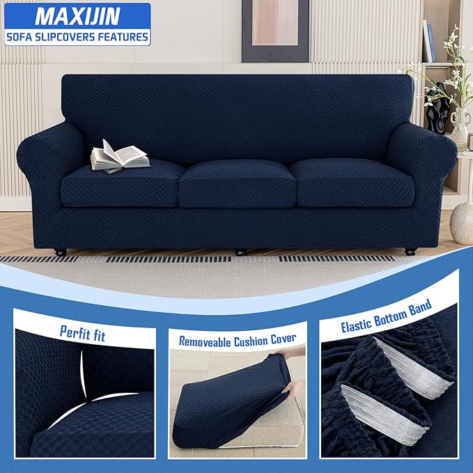 MAXIJIN 4 Piece Couch Covers for 3 Cushion Couch Super Stretch Non Slip Couch Cover for Dogs Pet Friendly Elastic Jacquard Furniture Protector Sofa Slipcovers (Sofa, Navy Blue)