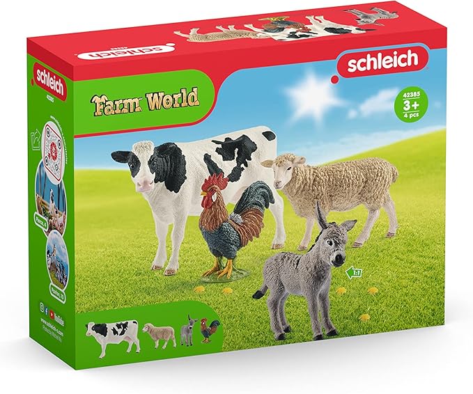 Schleich Farm World - Starter Set, Includes 4 x Collectible Toy Farm Animals, Cow, Sheep, Donkey Foal and Rooster Farm Animal Toys for Kids Ages 3+