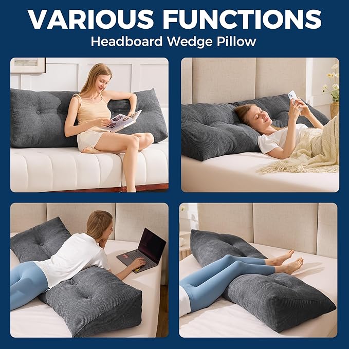 Headboard Pillow Twin, Triangle Pillows for Headboard, Head Board Backrest Wedge Pillow for Reading Sitting Working, Daybed Pillows with Removable Cover for Bed Dorm Sofa, Black