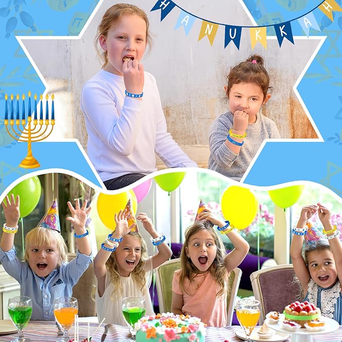 JUNEBRUSHS 42Pcs Hanukkah Party Favors Silicone Bracelets Rubber Chanukkah Wristbands Supplies for Adults Hanukkah Decorations Accessories Goodie Stuffers Fillers(7 Designs)