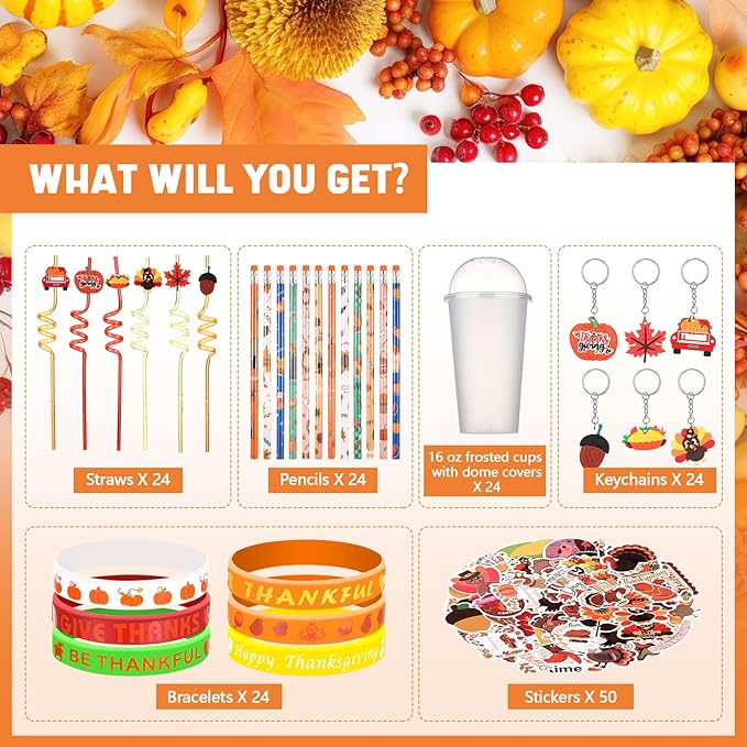 24 Set Fall Pumpkin Party Favor Thanksgiving Party Supplies Maple Turkey Keychain Pencil Straw Sticker Silicone Bracelet for Thanksgiving Goodie Bag Fillers Classroom Gifts