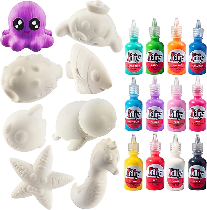 Idiy DIY Party Craft Kit Jumbo Ocean Pals Squishies (8 Unique Sea Animals w 12 Fabric Paints) -White Kawaii Scented Slow Rise Squishy Toys, Scented Stress Relief, Kids Birthday Activity Gift (4"-6")