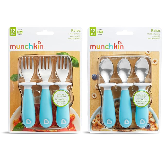 Munchkin® Raise™ Toddler Fork and Spoon Utensil Set, Rest Keeps Tip Off Table, BPA Free, 6 Pack, Blue