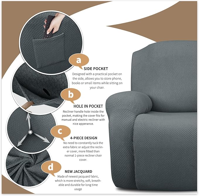 JIVINER Stretch Recliner Chair Covers 4 Piece Recliner Cover with Side Pocket Jacquard Reclining Sofa Slipcovers Soft Recliner Protector with Elastic Bottom (Recliner, Light Gray)