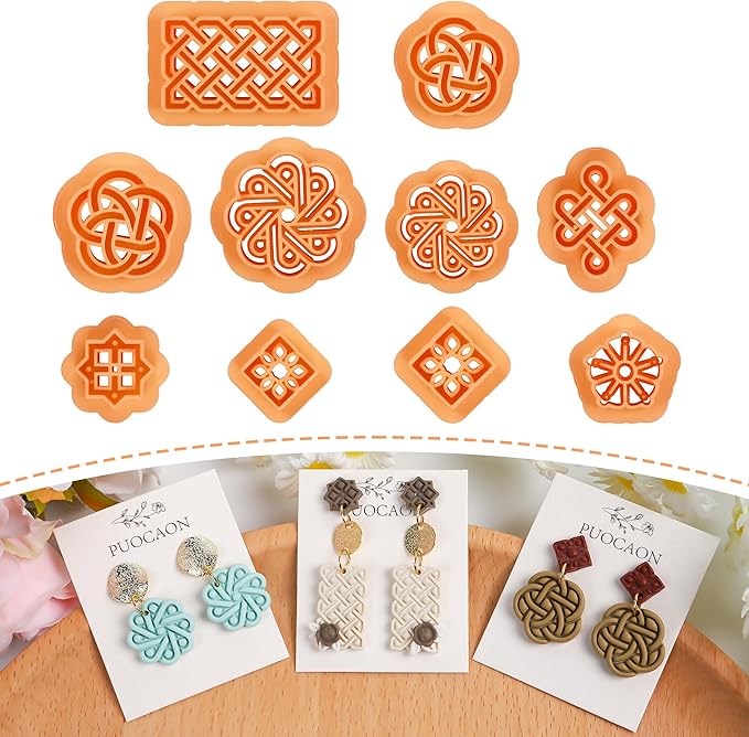 Puocaon Knot Polymer Clay Cutters - 10 Pcs Weave Knot Clay Cutters for Polymer Clay Earrings, Wicker Polymer Clay Cutters for Earrings Jewelry, Rattan Earrings Polymer Clay Cutters