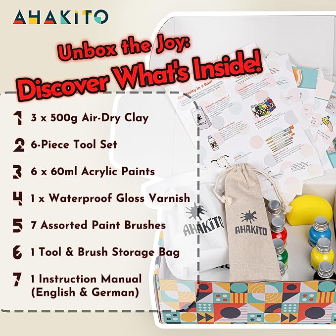 Ahakito Air Dry Clay for Adults, Pottery Clay DIY Kits for Adults Includes: Air Clay, Clay Sculpting Tools, Clay Paint, Brushes, Gloss Varnish for Air Dry Clay and Step-by-Step Comprehensive Guide