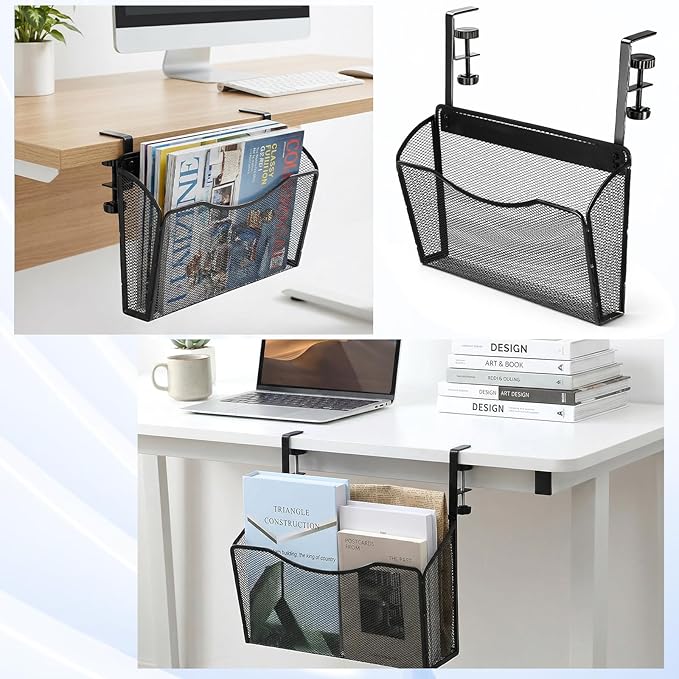 Clamp On Desk Organizer, 2-IN-1 Under Desk Side Organizer Storage Hanging Wall Mounted File Holder Under Desks Drawer Mesh File Organizers for Office Home Room Storage Basket