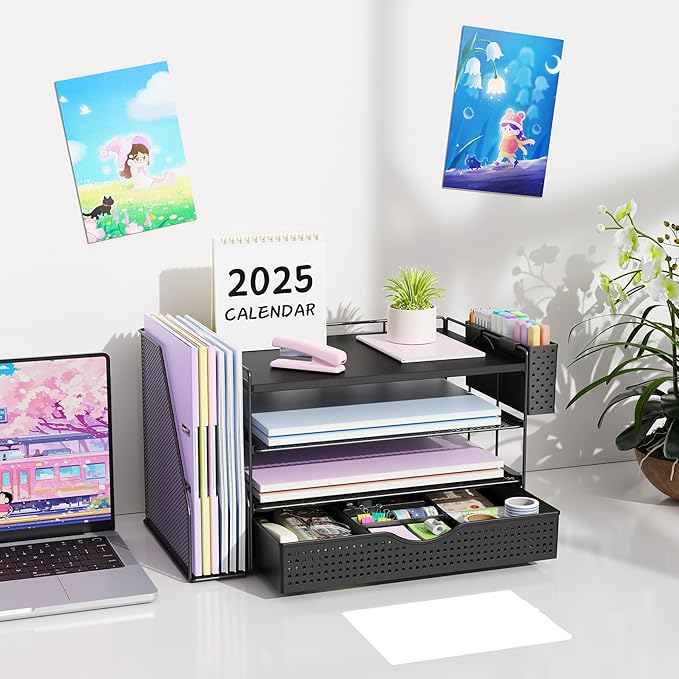 gianotter Wood Desk Organizers and Accessories with File Holder, 4-Tier Desk Accessories & Workspace Organizers with Drawer and Pen Holder, Paper Organizer for Office Supplies (Black)