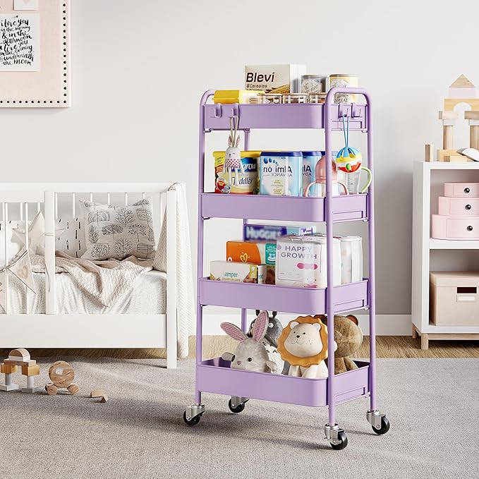 TOOLF 4-Tier Metal Rolling Cart with Wheels, Storage Utility Organizer Cart for Kitchen, Bathroom, Office, Baby Essentials & Makeup - Lockable Casters, Easy Assembly, Large Capacity, Purple