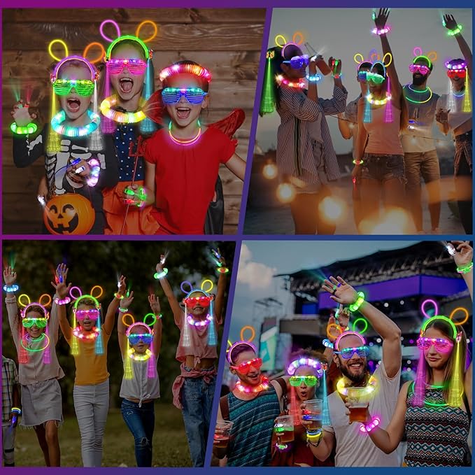 286PCS Glow in the Dark Party Supplies for Kids Adult, Light Up Party Favors with Light Up Glasses, Tubes, Hair Clips, Glow Sticks Bulk Party Pack DIY Glow Necklaces Bracelets Headband for Neon Party