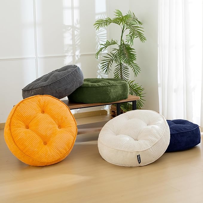 6" Washable Floor Pillow Cushion for Adults, Meditation Cushion Pillow, Large Round Floor Sitting, Removable Tufted Corduroy Cover, for Tatami Living Room or Yoga, 22x22 Inch, 2Pack, Machine Washable