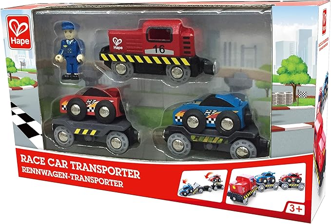 Hape Race Car Transporter | Six-Piece Wooden Toy Train Car Transport Set for Kids