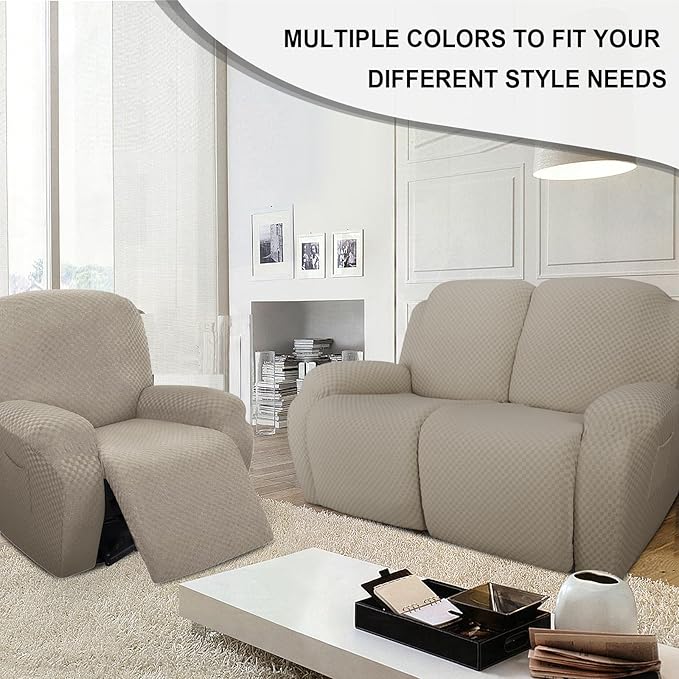 Stretch Jacquard Recliner Sofa Covers 3 Seat Soft Recliner Chair Covers Sofa Slipcover with Pocket and Elastic Bottom Furniture Protector for Kid,Pets(Checks,Khaki)