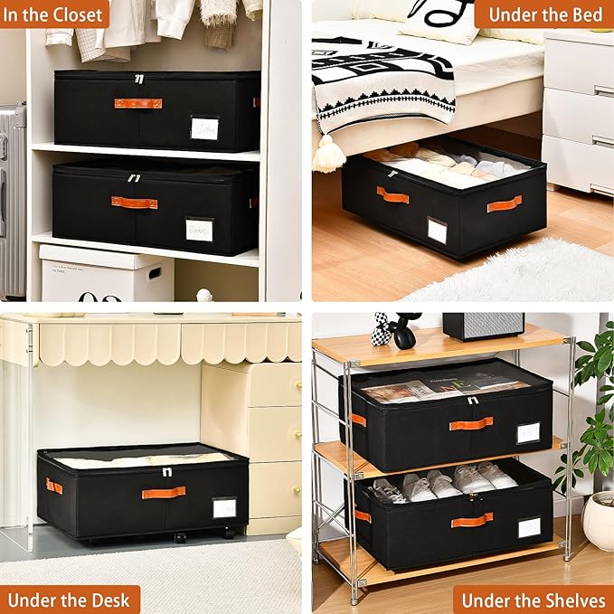 Under Bed Storage Organizer with Wheels, Underbed Container with Clear Lid Cover, Storage Bag Box with Visiable Window for Clothes, Bedsheet, Pillow, 2 Pack