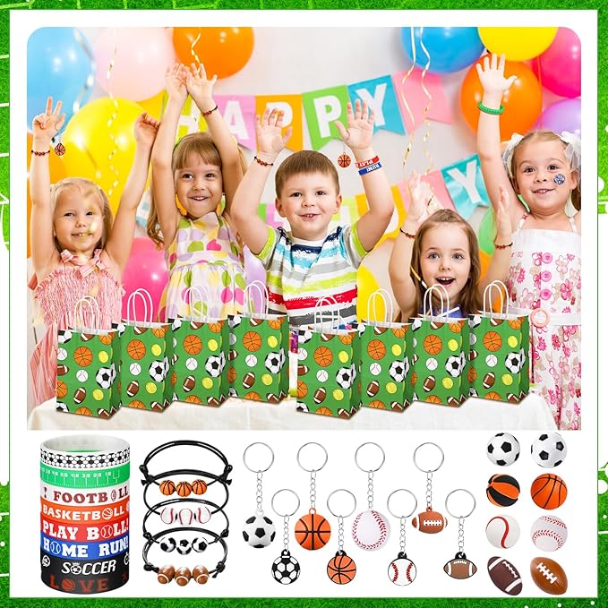 144 Pcs Sport Party Favors, Baseball Basketball Soccer Football Goodie Bag Fillers, Mini Stress Ball Stickers Whistle Keychain Charm Bracelet Wristbands Erasers for Sport Party Supplies(Sport)