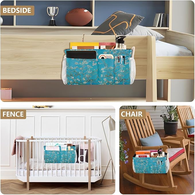 Bedside Caddy for Dorm Bed Bedside Hanging Caddy Bag Iron Frame Storage Organizer Pocket for Bunk Home College Hospital Beds 2 Hooks