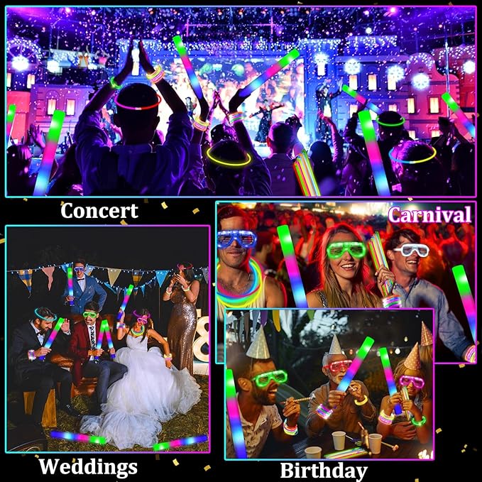 148 PCS New Years Eve Glow in the Dark Party Supplies Favors- 24 Pcs 16" Foam Glow Sticks+12 Pcs LED Glasses+12 Pcs Light Up Bracelets+100Pcs Glow Sticks Bulk Party Pack for Birthday Wedding Carnival