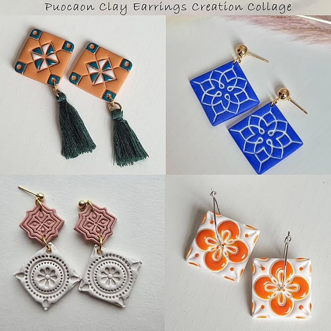 Puocaon Porcelain Tile Clay Cutters - 8 Pcs Terracotta Tiles Clay Cutters for Polymer Clay Earrings Making, Portuguese Tiles Pattern Clay Jewelry Cutters, Embossed Pattern Polymer Clay Cutters Set