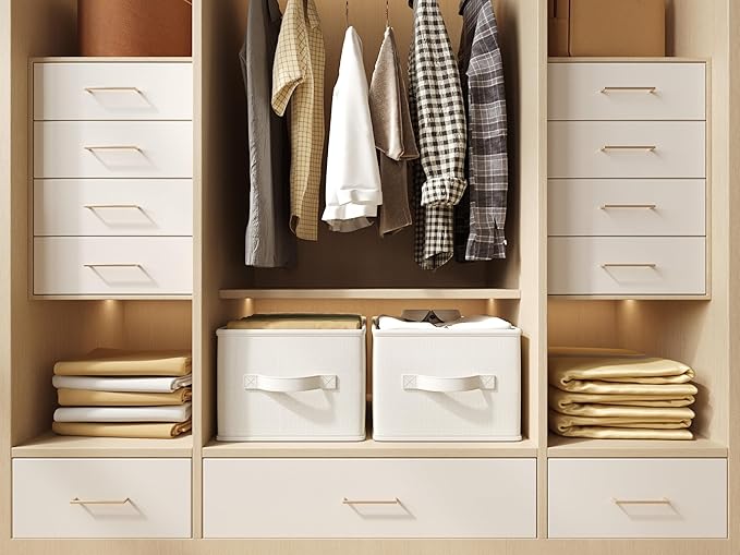 3 Pack Fabric Storage Bins for Shelves | 14¾" L*10¼" W*8¼" H Closet Storage Bins | Collapsible Closet Organizers for Clothes | Linen Clothes Bins | White & Ivory