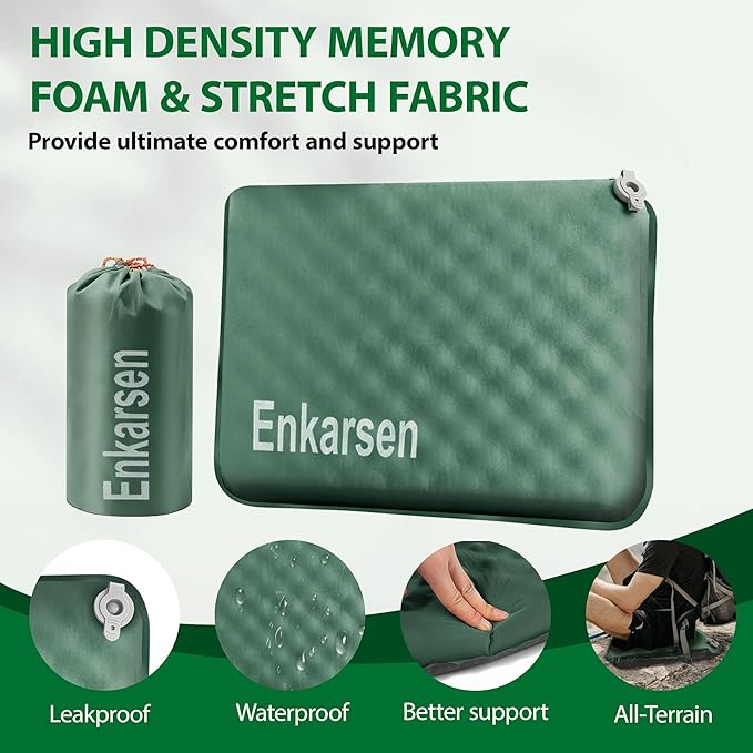 Inflatable Seat Cushion, Self-Inflating Memory Foam Airplane Seat Cushion Portable Camping Sitting Pad for Travel Stadium Car Bleachers Outdoors Office,Lightweight,Supports Back Comfort (Green)