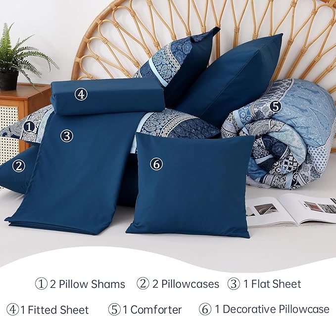 Boho Comforter Set King Size,8 Pieces Navy Blue Bohemian Striped Bed in a Bag,Paisley Soft Microfiber Bedding Comforter Set