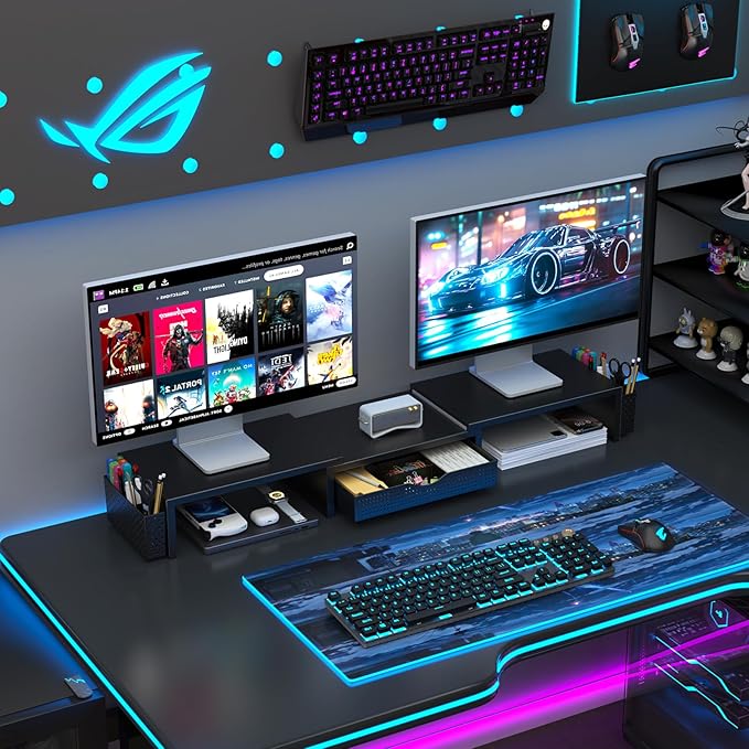 gianotter Dual Monitor Stand Riser, Desk Organizer With Drawer and 2 Pen Holders, Computer Monitor Stand, Shelf for Top of Desk, Black